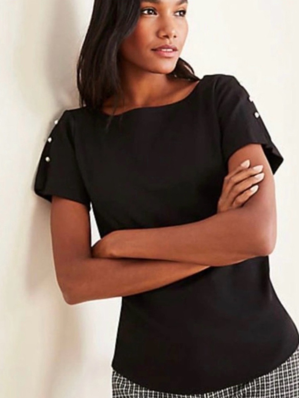 Ann Taylor Black Short Sleeve Top with Pearl Shoulder Buttons